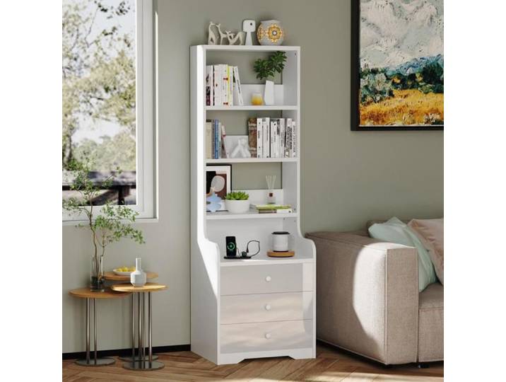 LVHCMFOHM Table de Chevet Haut Blanc Avec Station de Charge+USB 3 Étagères Ouvertes+3 Tiroirs Style Minimaliste
