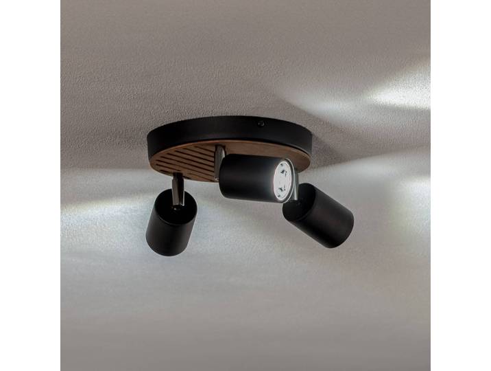 Deckenspot Tino, schwarz/Holz, 3-flg. 22 cm rund Tino Luminex, dimmbar, schwarz, für Wohn- / Esszimmer, Metall, Strahler