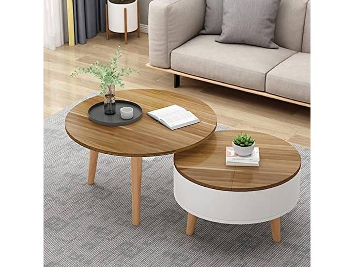 Beistelltisch, moderner Couchtisch runder Couchtisch mit verstecktem Stauraum Holztisch einfach zu montieren, Farbe Nussbaum