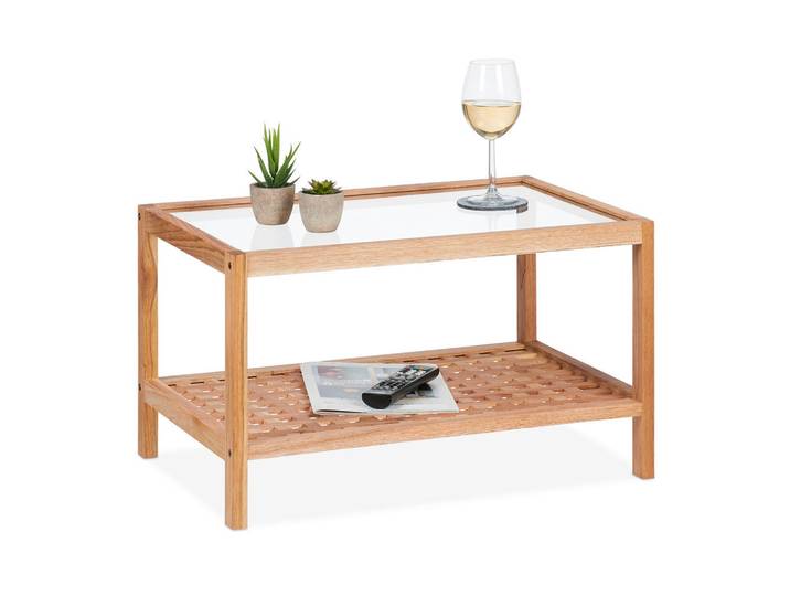 Relaxdays Beistelltisch Natur Transparent Walnussholz, Hellbraun, Holz, Glas, 60x35x40 cm, Wohnzimmer, Wohnzimmertische, Beistelltische
