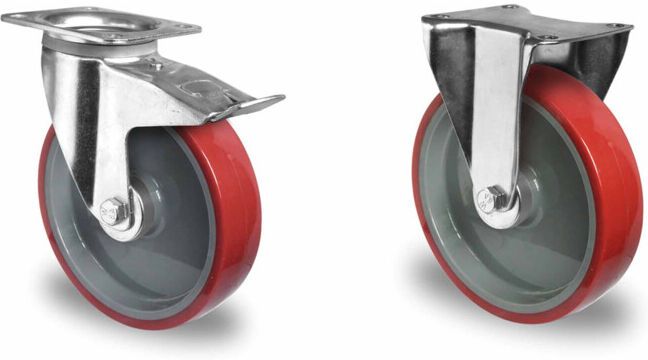Set CASCOO Lenkrolle mit Totalfeststeller ø 200 mm Serie N2U6 Rollenlager + CASCOO Bockrolle ø 200 mm Serie N2U6 Rollenlager