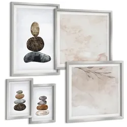 BILDER SET 5er Set - 50x50 cm & 20x30 cm & 40x60 cm Silberner Rahmen - Steinstapel-Boho-Malerei