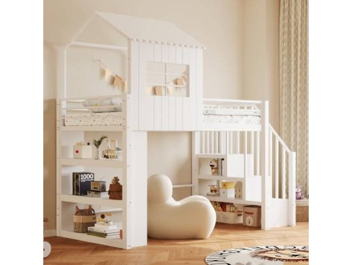 I0I&I0I Eisenhochbett Hausdesign mit Schutzgitter – Treppe, Stauraumregal und sicherer Schlafplatz (White + MDF+Metal)