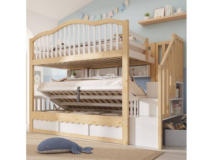 Lit Superposé 90x200 Bois Blanc Chêne Lit Enfant Rangement FloraGrace Pour Chambre Enfant Coffre Hydraulique 252x98x170cm
