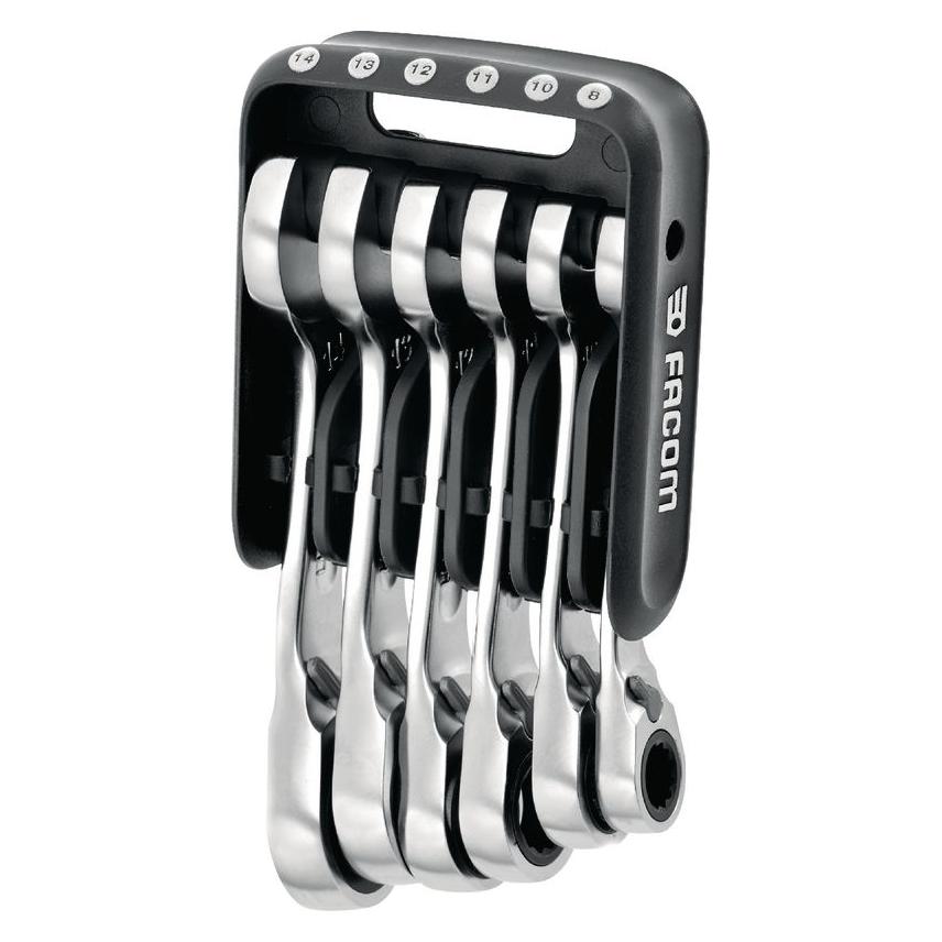 Facom Knarren-Ring-Maulschlüssel-Set im Etui, 6-tlg (10 mm, 11 mm, 12 mm, 13 mm, 14 mm, 8 mm) (467BS.JP6PB)