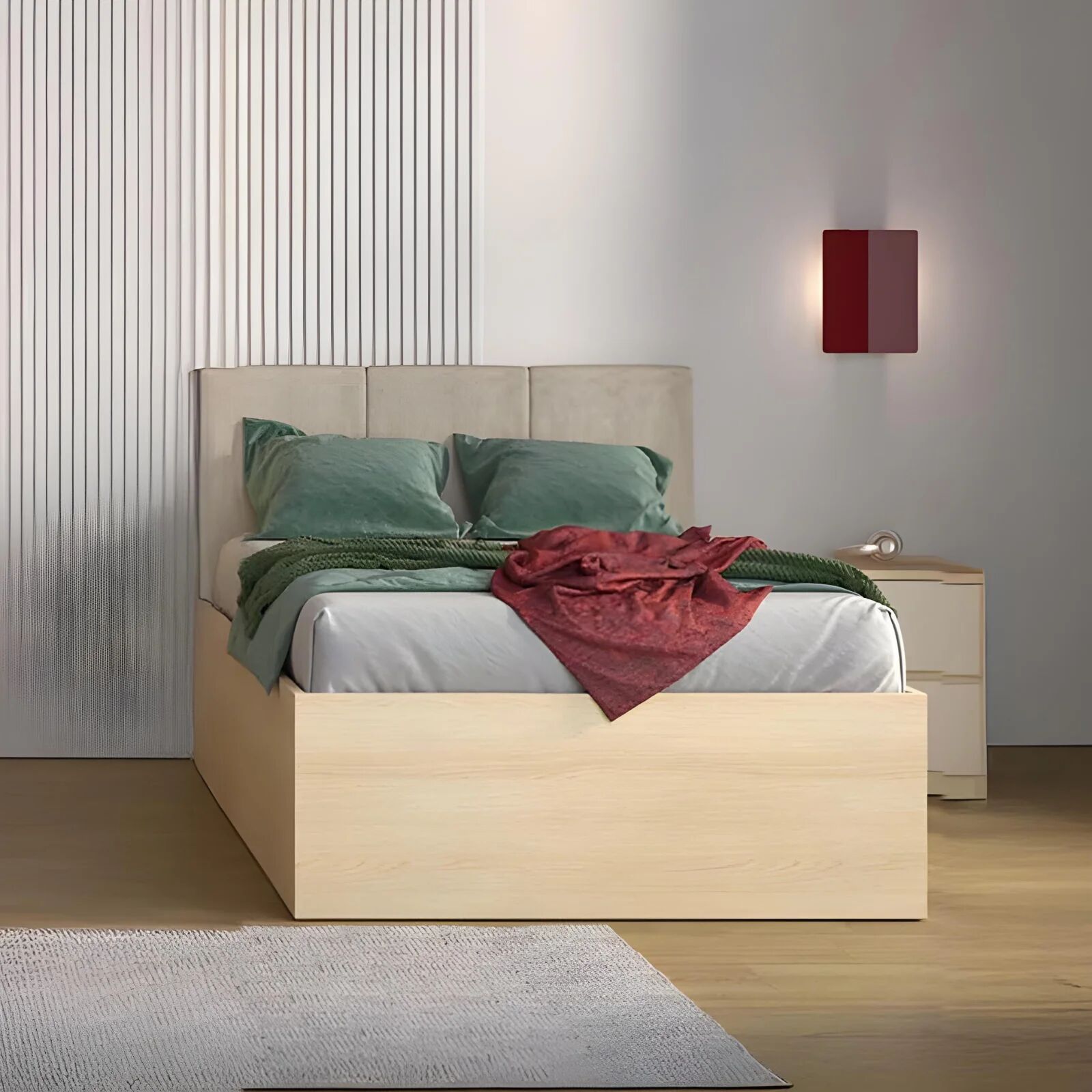 garneroarredamenti Letto una piazza e mezzo 120x200cm contenitore con rete a doghe testiera imbottita rovere Elvira