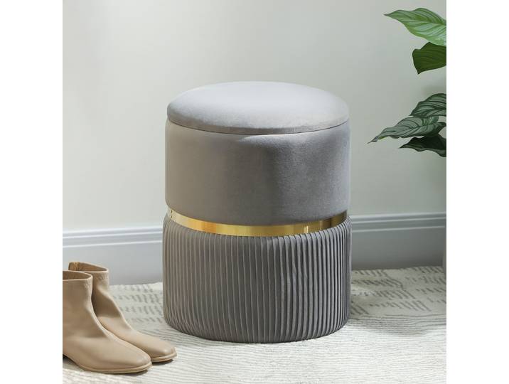 HOMCOM Pouf Rond Velours Gris Clair avec Rangement Discret