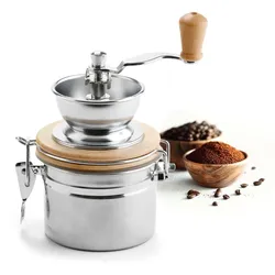 Kaffeemühle mit Keramikmahlwerk mit Auffangbehälter 500 ml aus Edelstahl & Holz