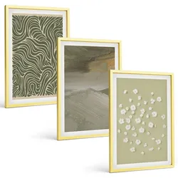 BILDER SET 3er Set - 40x60 cm Goldrahmen - Abstrakte florale Wellenmuster