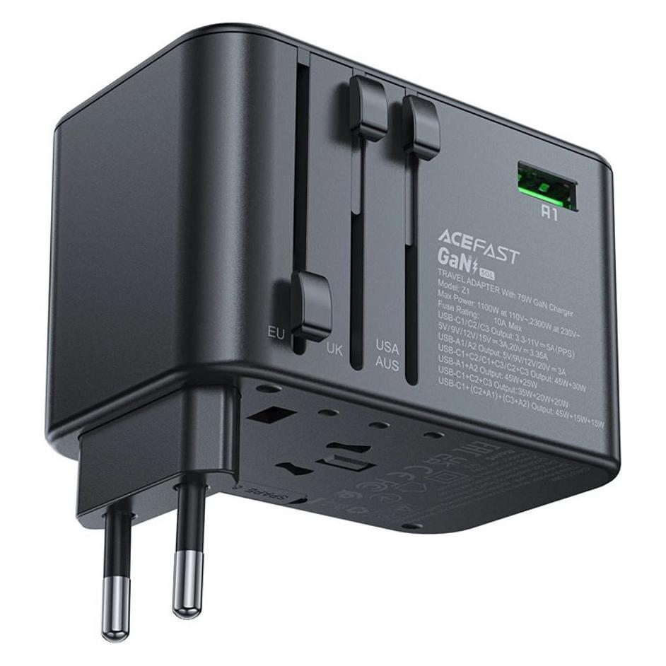 Acefast Multifunctional travel wall charger Z1, 2xUSB-A, 3xUSB-C, GaN, 67W, US/EU/UK/AU (black) (Z1 black)