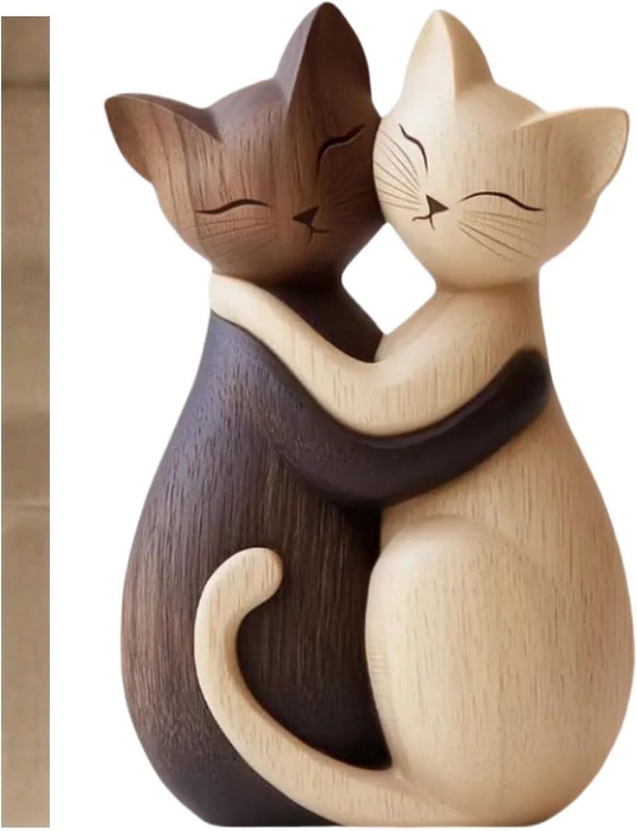 Houten Kat Beeldje Decoratie Zwart Wit - 10 cm