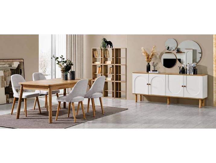 Xlmoebel Essgruppe Skandinavisches Esszimmer-Set: Tisch, 4 Stühle, Sideboard &, (Essgruppe, 7-tlg., Tisch + 4 Stühle + Sideboard + Spiegel), Made in Europa