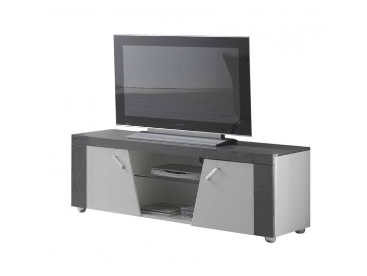 LUNA - Meuble TV 2 Portes et Niche Gris Finition Brillante
