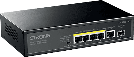 Switch - Strong SW5011POE+, 12 Gbps, 4x POE, 1x RJ45, Enlace ascendente Gigabit SFP, Negro