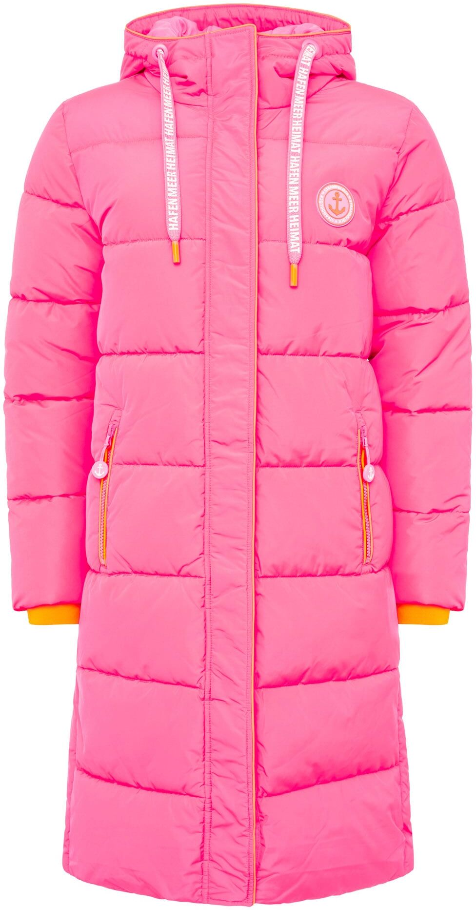 Steppmantel ZWILLINGSHERZ "Küstentraum", Damen, Gr. L, pink (neonpink), Canvas, Obermaterial: 100% Polyester, Basic kniebedeckend, ohne Ausschnitt, angesetztes Bündchen, Mäntel Steppmantel, mit maritimen Details, farbige Zierkante vorne und an den Taschen