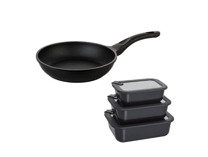 Mulex Bratpfanne TOMALIN Premium 26 cm inklusive LUND Meal Cubes – aus gehärtetem Glas, Pfanne Aluguß (Premium Qualität // 7tlg., 7-tlg., Tomalinbeschichtung // Meal Cube aus gehärtetem Glas), induktionsgeeignet