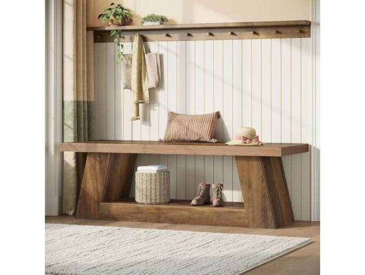 Tribesigns 160 cm Holz-Eingangsbank mit Ablagefach, rustikale extra Lange Bank, 2-stufige Holz Bettbankfür, schmale Flur-Sitzbank für Wohnzimmer, Schlafzimmer, Küche (Braun)