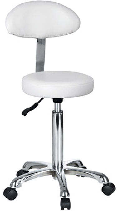 Banco com respaldo Fast Plus: Desenho ergonómico, base cromada com cinco rodas e altura regulable