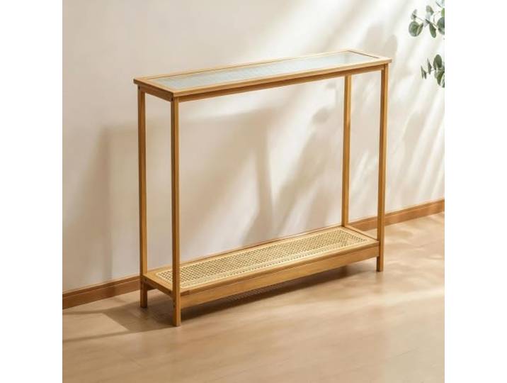 LEUBDIBR Moderne Rattan‑Konsolentisch mit Glasplatte für Eingang und Flur Handgeflochtenes Rattan, gehärtete Glasplatte, schmaler moderner Stil, einfache(Natural,100cm/39.4 )