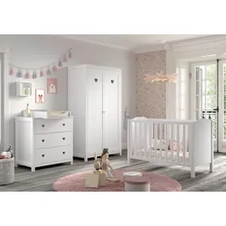 AMORI 4-tlg Set best. aus: Babybett 60x120 cm, Kommode m. 3 Schubladen, Wickelaufsatz, Kleiderschrank 2-trg., weiß lackiert