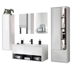 BADMÖBEL-SET weiß Hochglanz, grau, Komplettset mit Waschbecken und LED Beleuchtung 195 cm