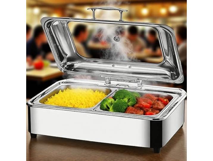 Chafing Dish Elektrisch, 9L Edelstahl Speisewärmer Buffetwärmer (GN1/2) Einstellbare Temperatur Kommerziell Wärmebehälter Essen mit Sichtbarem Glasdeckel für Buffets und Partys