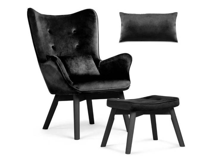 Fauteuil à oreilles avec repose-pieds - JANSPORT - Noir - Esthétique scandinave - Coussin inclus