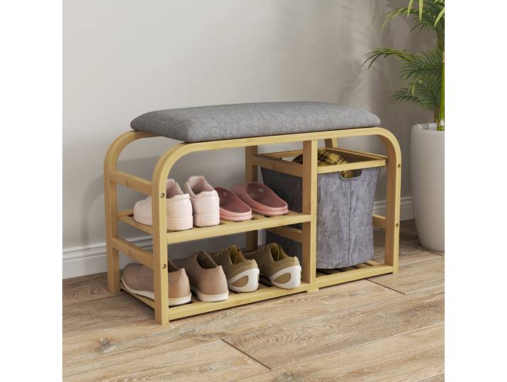 HOMCOM Banc à Chaussures Bois 70cm avec Coussin et Panier Coulissant