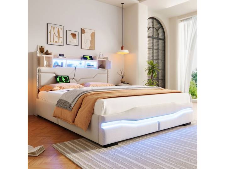 Lit coffre 140x200 cm en lin beige avec LED et coffre hydraulique – Style moderne