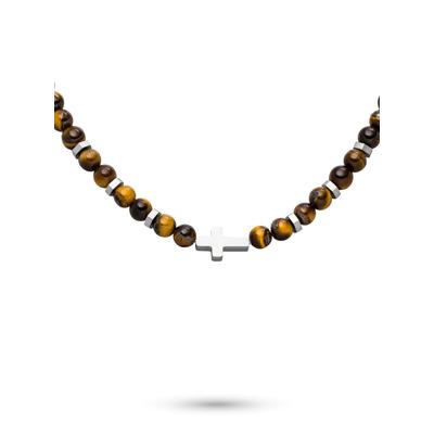Kette mit Anhänger S.OLIVER "Schmuck Geschenk Edelstahl Halskette Beads, Kreuz", braun (edelstahlfarben, braun), Halsketten, Herren, Edelstahl, L: 55 B: 4mm, mit Onyx oder Tigerauge, B:4mm