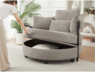 Loedds 50-Inch Upholstered Round Sofa with Storage Swivel Side Table and Four Pillows