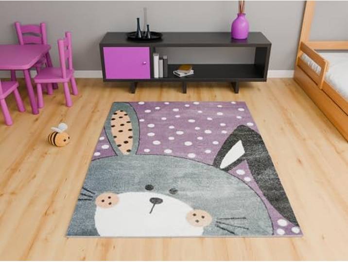 AKCILA Lima Kinderteppich mit Hase und Punkten 160x230 cm Teppich für Kinderzimmer, niedliches Hasenmotiv in Pastellfarben, süßer Teppich für das Kinderzimmer mit Fußbodenheizung