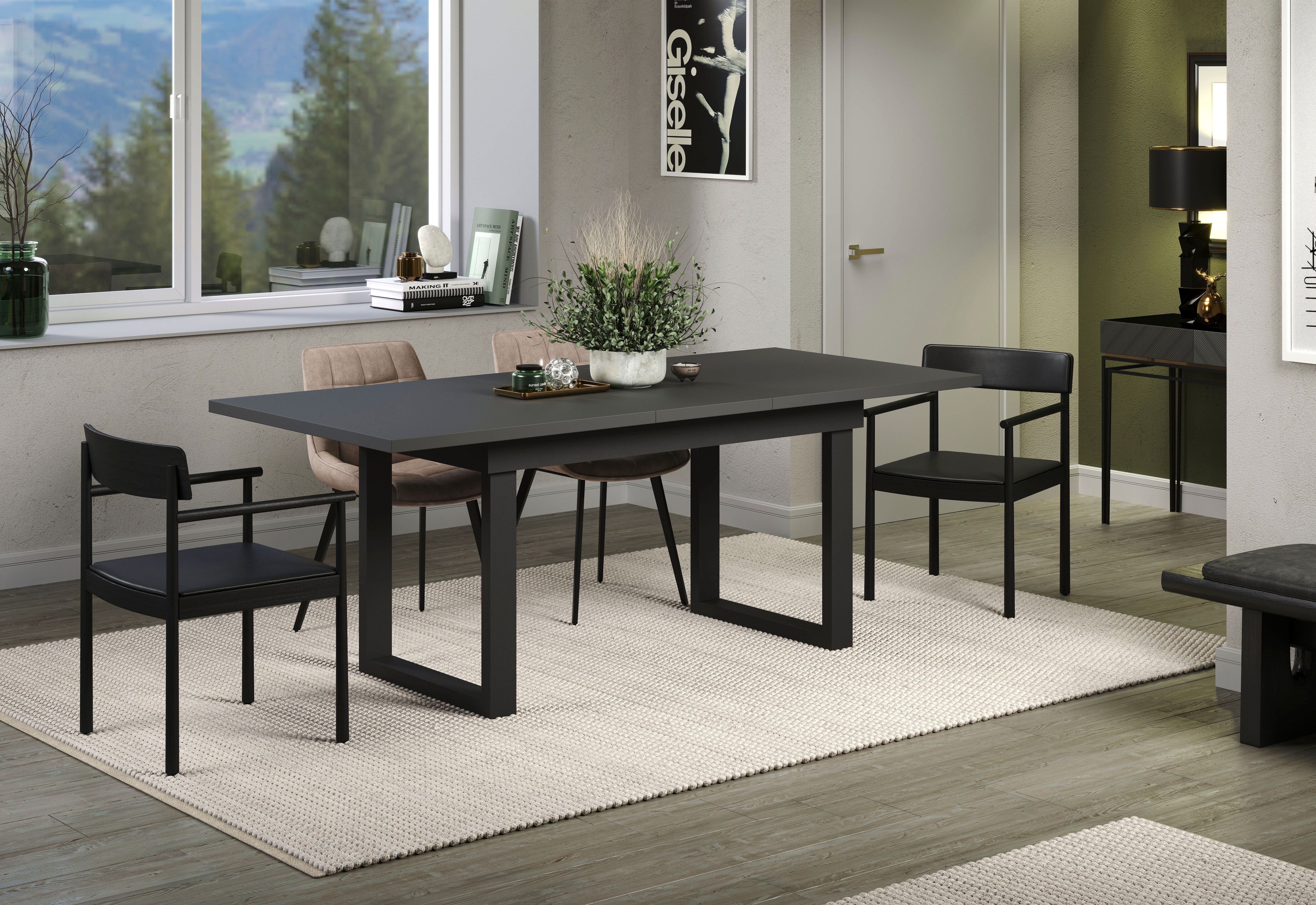 Esstisch HOME AFFAIRE "Valencia", schwarz (anthrazit, schwarz, anthrazit), B:160cm H:76cm T:90cm, Tische, Esstisch, Synchroauszug; Metallkufen, ausziehbar auf 200 cm anthrazit, schwarz, anthrazit B/H/T: 160cm x 76cm x 90cm, Synchronauszug, Synchro-Auszug