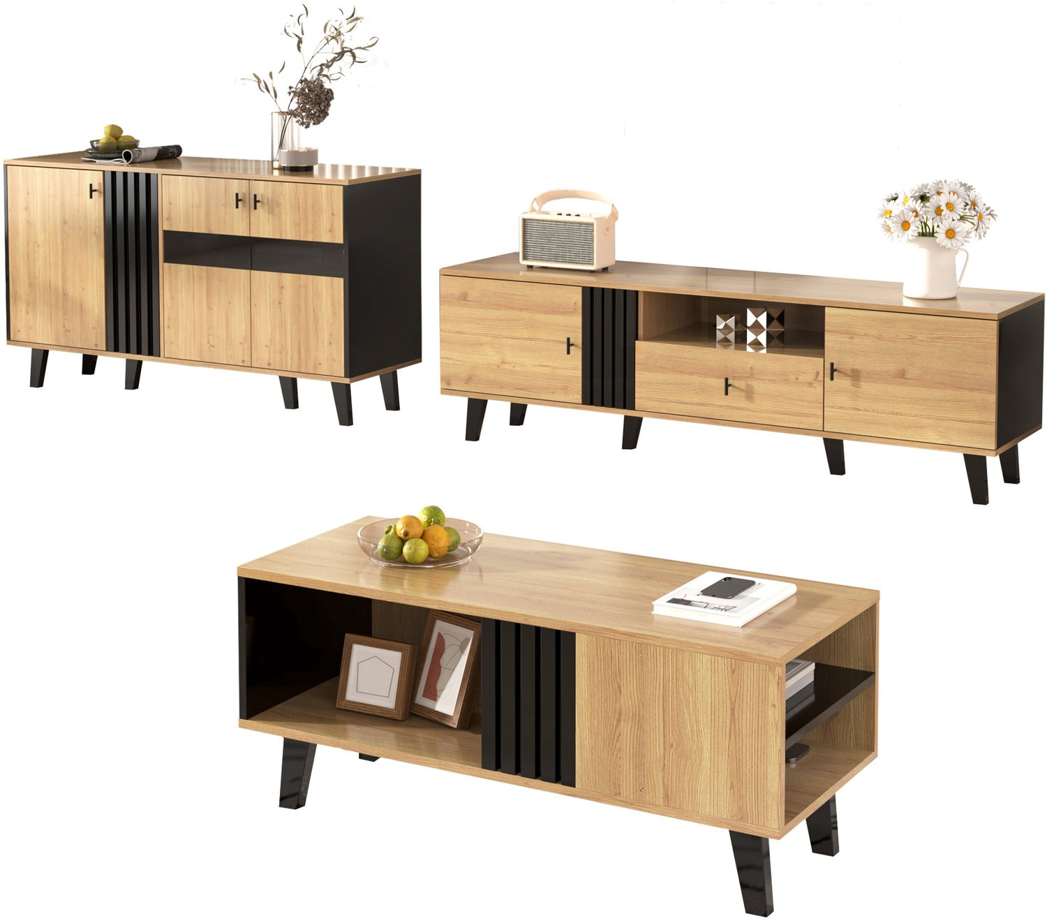 Clruro Woonkamerset TV-meubel met LED-verlichting, 3-delig, Houtlook/Zwart