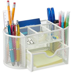 Relaxdays Schreibtisch-Organizer 10032561, Metall, 8 Fächer und 1 Schublade, weiß