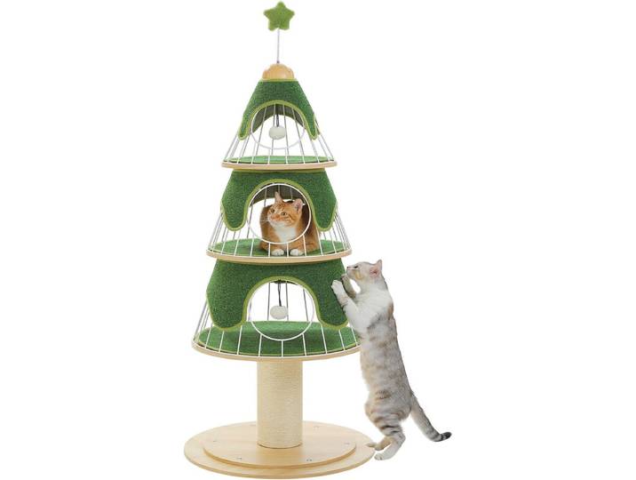 PAWZ Road 130 cm kerstkattenboom, kattentoren met 14 cm met sisal beklede krabpaal en 3 grote kattenhuisjes, grote krabpaal voor huiskatten, groen