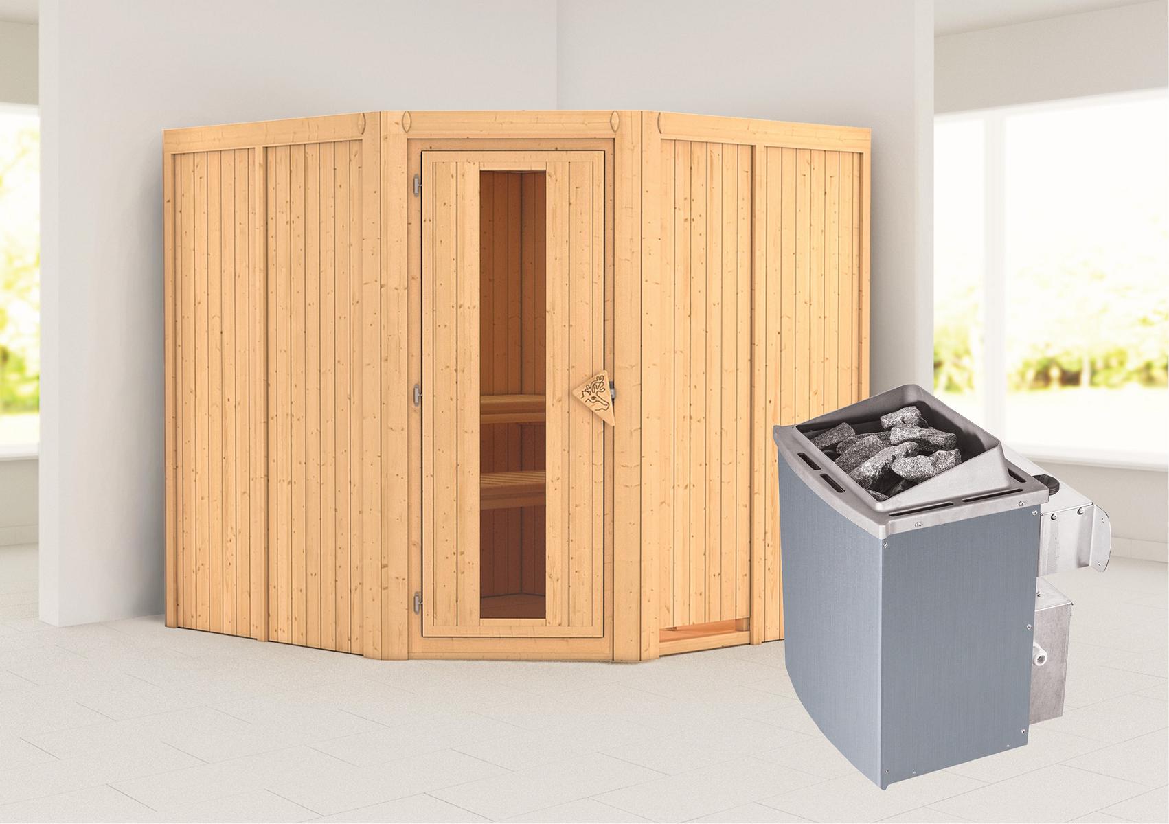 KARIBUHOLZT Sauna Jarin Eck, 9kW integr.Strg m.einer Isoliertür 09221863