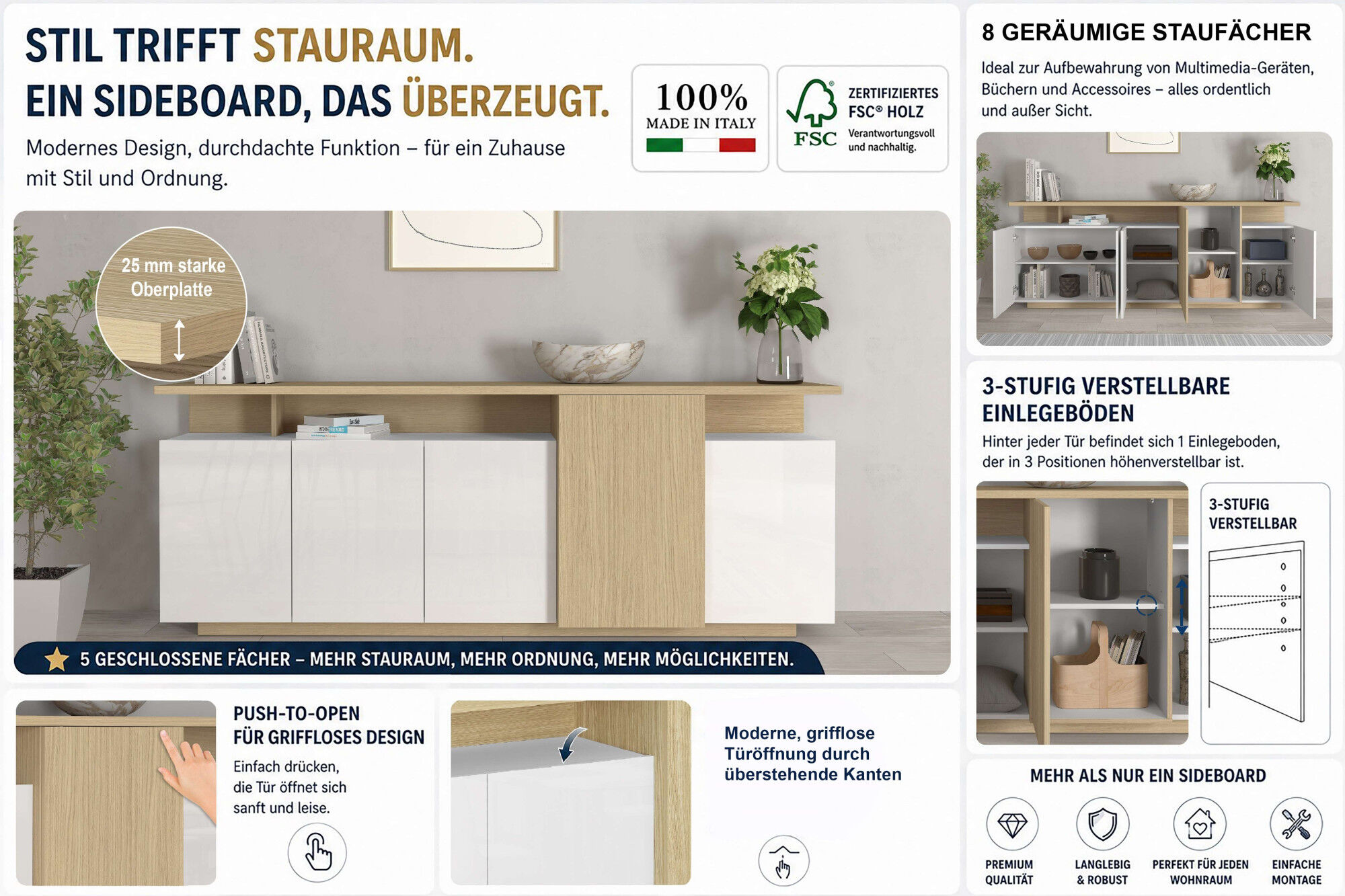 Sideboard GOODPRODUCT "Sideboard ETHOS, Kommode, Schrank, Kredenz", beige (eiche chopin, weiß hochglanz lackiert), B:210cm H:80cm T:40cm, Sideboards, Sideboard, Mit 5 Drehtüren, 8 Innenfächern und 2 Aussenfächern, B.210 cm eiche chopin, weiß hochglanz lac