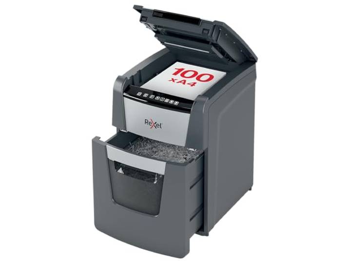 Rexel Optimum AutoFeed+ 100X Automatischer Aktenvernichter, 100 Blatt automatisch, Sicherheitsstufe P4, Partikelschnitt, für Zuhause / Home Office, 34 Liter Abfallbehälter, 2020100XEU