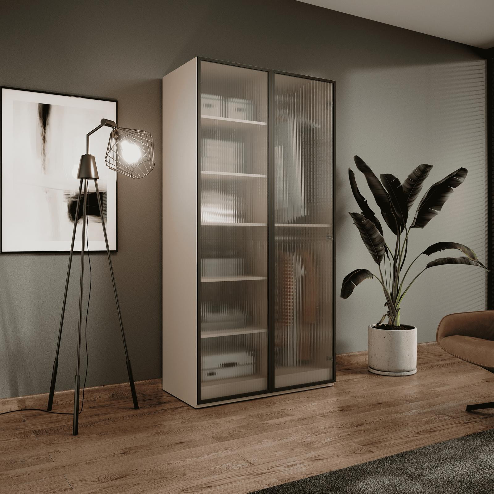 Ravio Modulaire garderobekast ZEN Flutes, beige mat, met 2 deuren en geribbeld glas