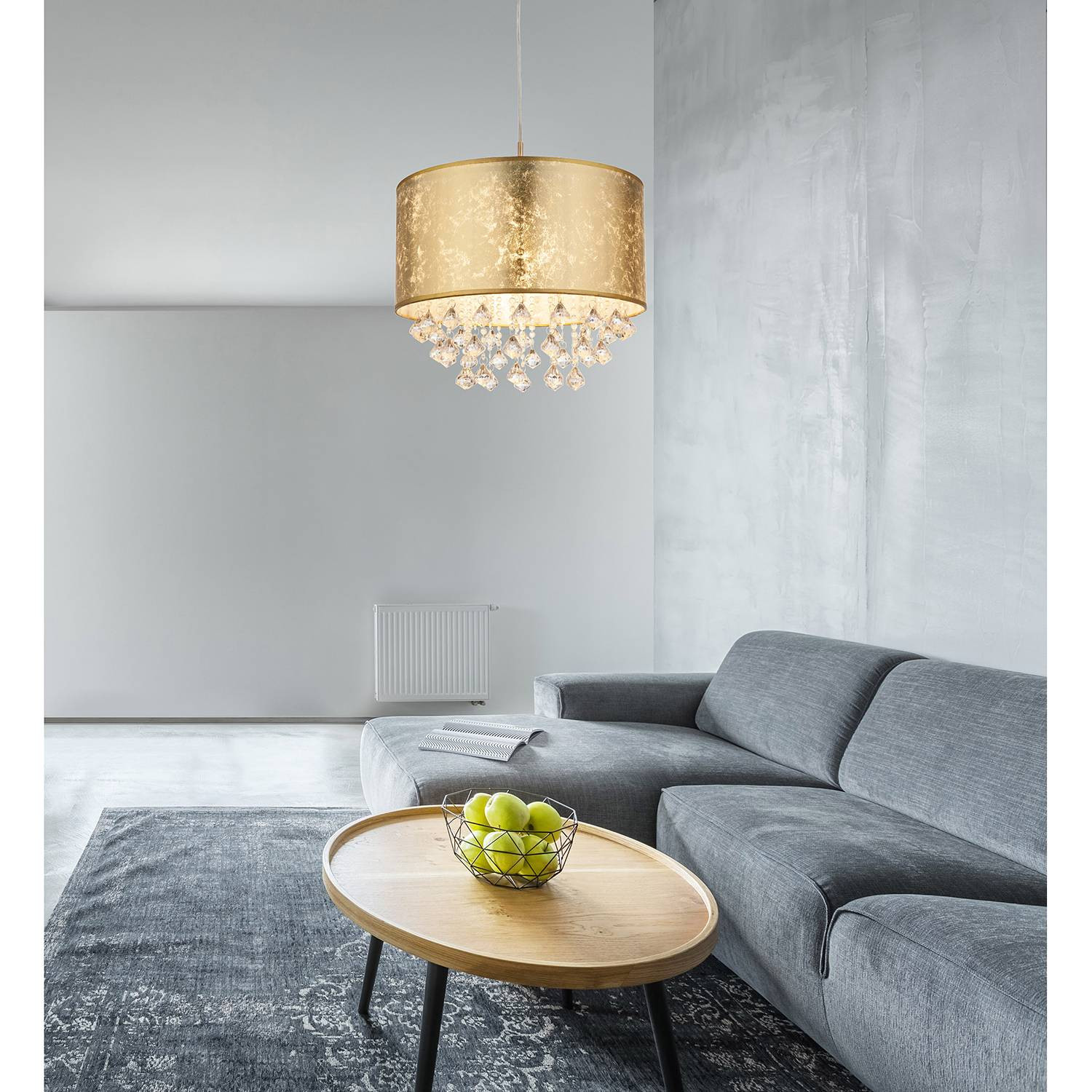 home24 Hanglamp Amy II, Goud/Messing, Ø 40 cm, Mixweefsel, E27, LED