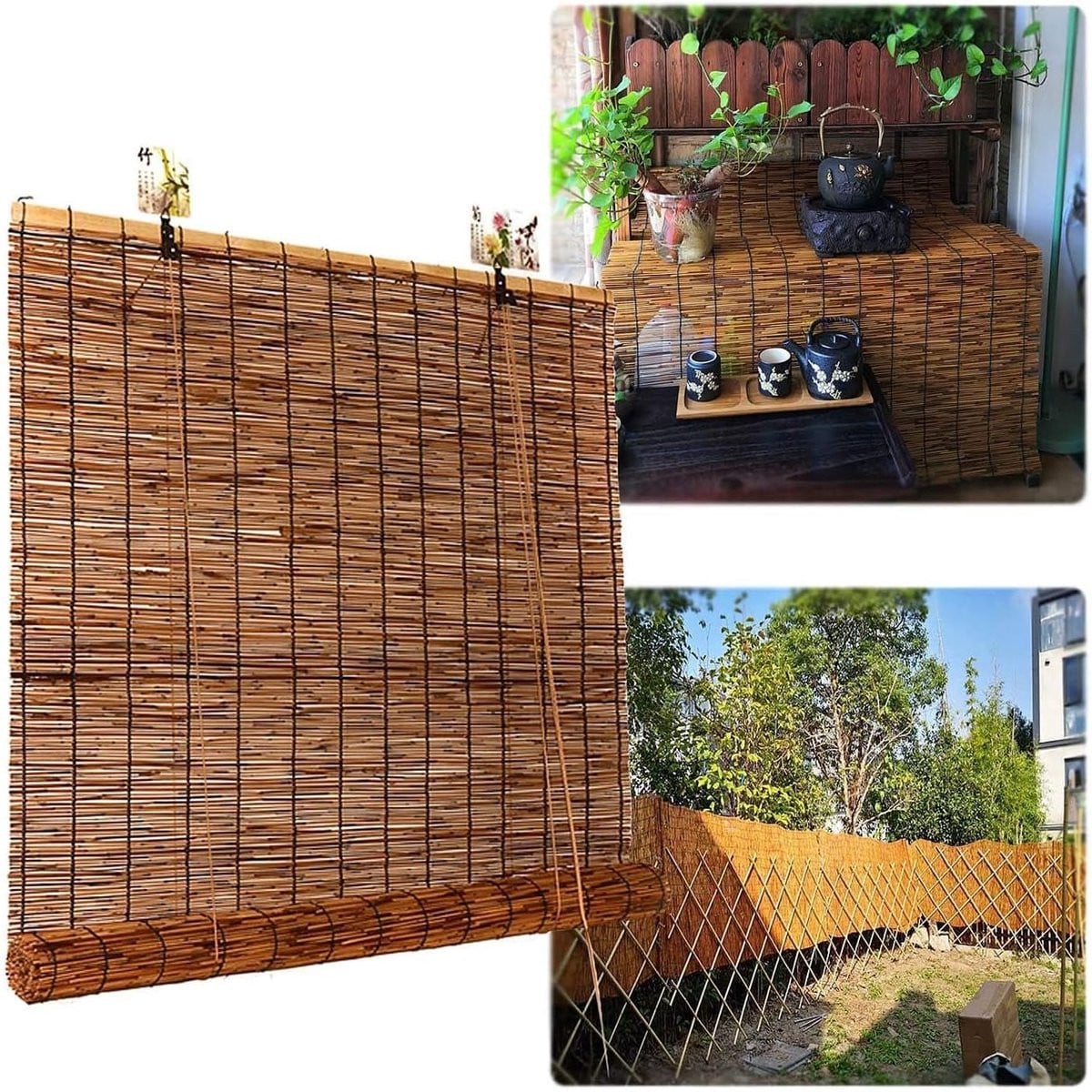 Merkloos Bamboe Rolgordijn Bruin - Handgeweven Opaak Zonnescherm voor Privacy en Zonwering