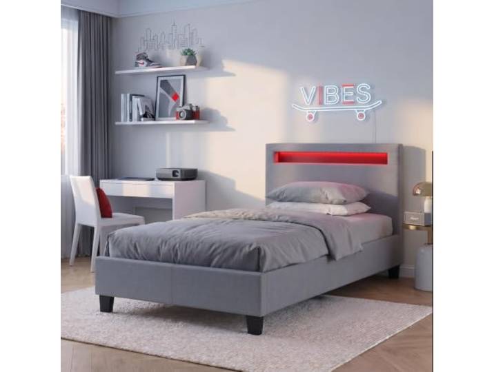 CARO-Möbel Polsterbett Himalaya mit LED Beleuchtung Einzelbett Jugendbett 90x200 cm mit Lattenrahmen, in grau Stoffbezug