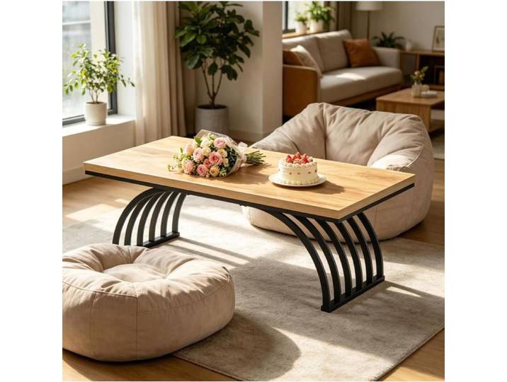 Table Basse Rectangulaire avec Plateau 120 cm et Structure Métallique Noire Plateau Bois pour Salon 120×60×45 cm