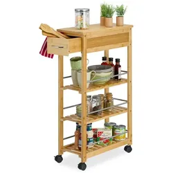 Relaxdays Bambus Küchenwagen mit Schublade Hellbraun,Silber