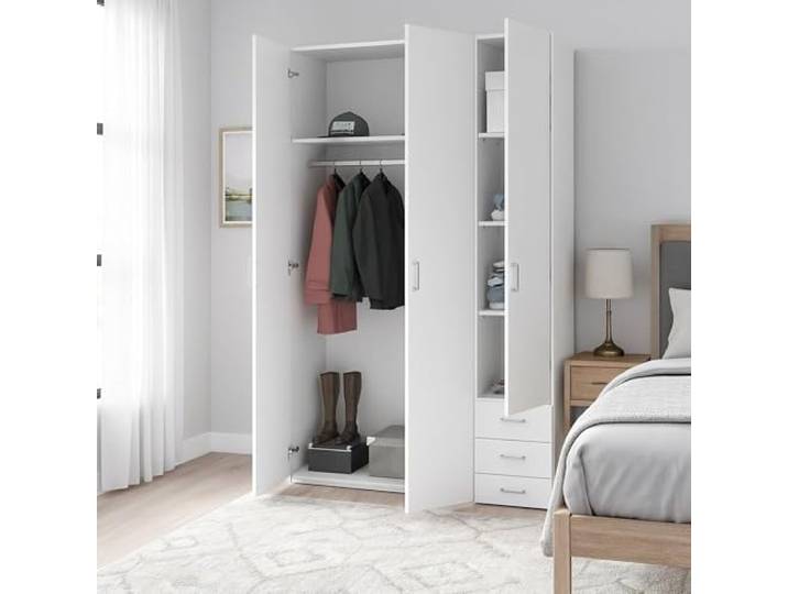 Dmora - Kleiderschrank mit drei Türen und drei Schubladen, Farbe Weiß, Maße 115 x 200 x 49 cm