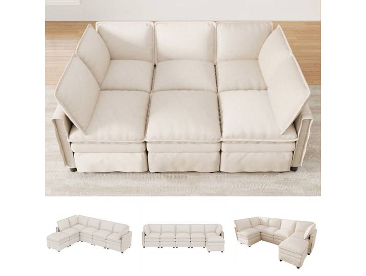 Canapé d'angle XXL modulable avec couchage méridienne U/L pouf amovible revêtement chenille beige