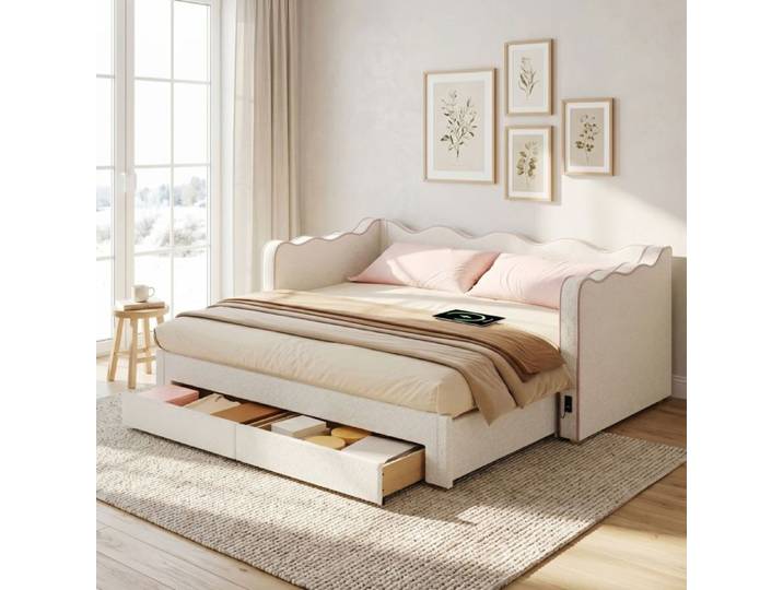 Lit banquette extensible 90x200 cm bouclé beige avec USB