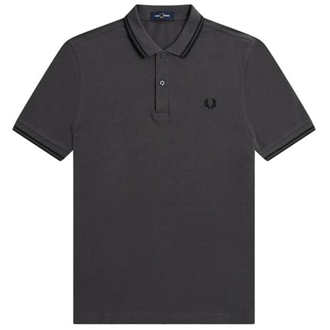 Schwarzes, graues Poloshirt mit Doppelstreifenkragen von Fred Perry