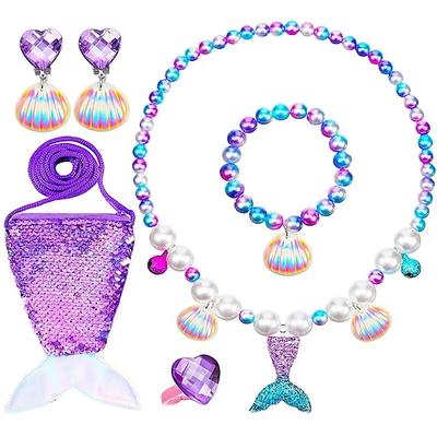 Meerjungfrauen-Accessoires-Set für Mädchen, Märchenprinzessinnen-Taschen und -Geldbörsen, Halskette, Ohrringe, Film-Cosplay, süßes kleines Meerjungfrauen-Kostüm, Party-Halloween-Maskenball-Kostüme